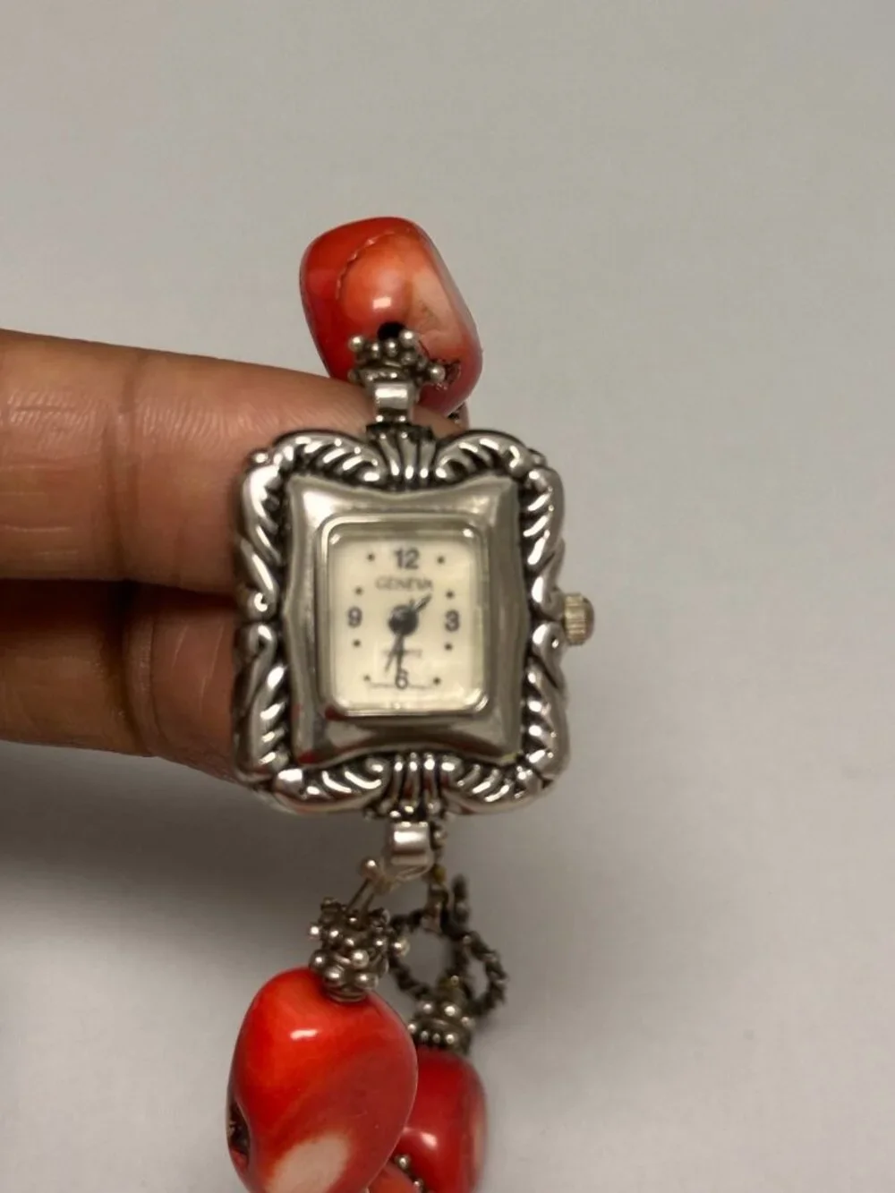 Geneva Watch Women Silver Tone Red Chunky Coral Beads Sterling Clasp Works